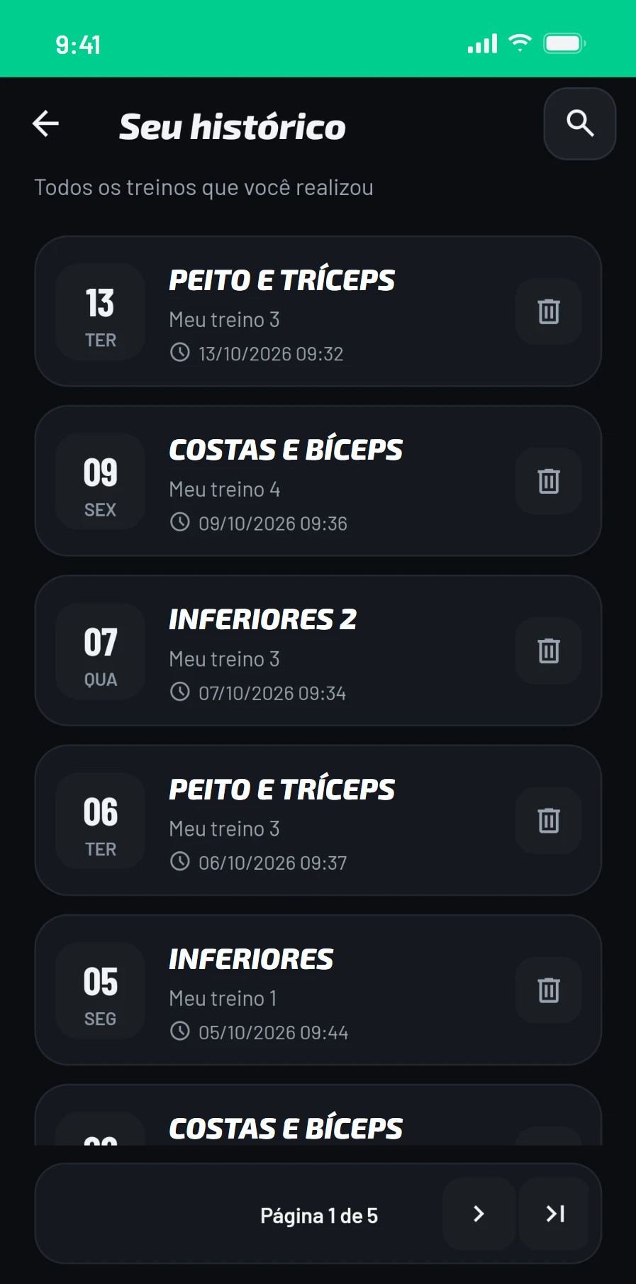 Tela Seu histórico com os treinos Peito e tríceps, Costas e bíceps e Inferiores 2, cada um com data e horário