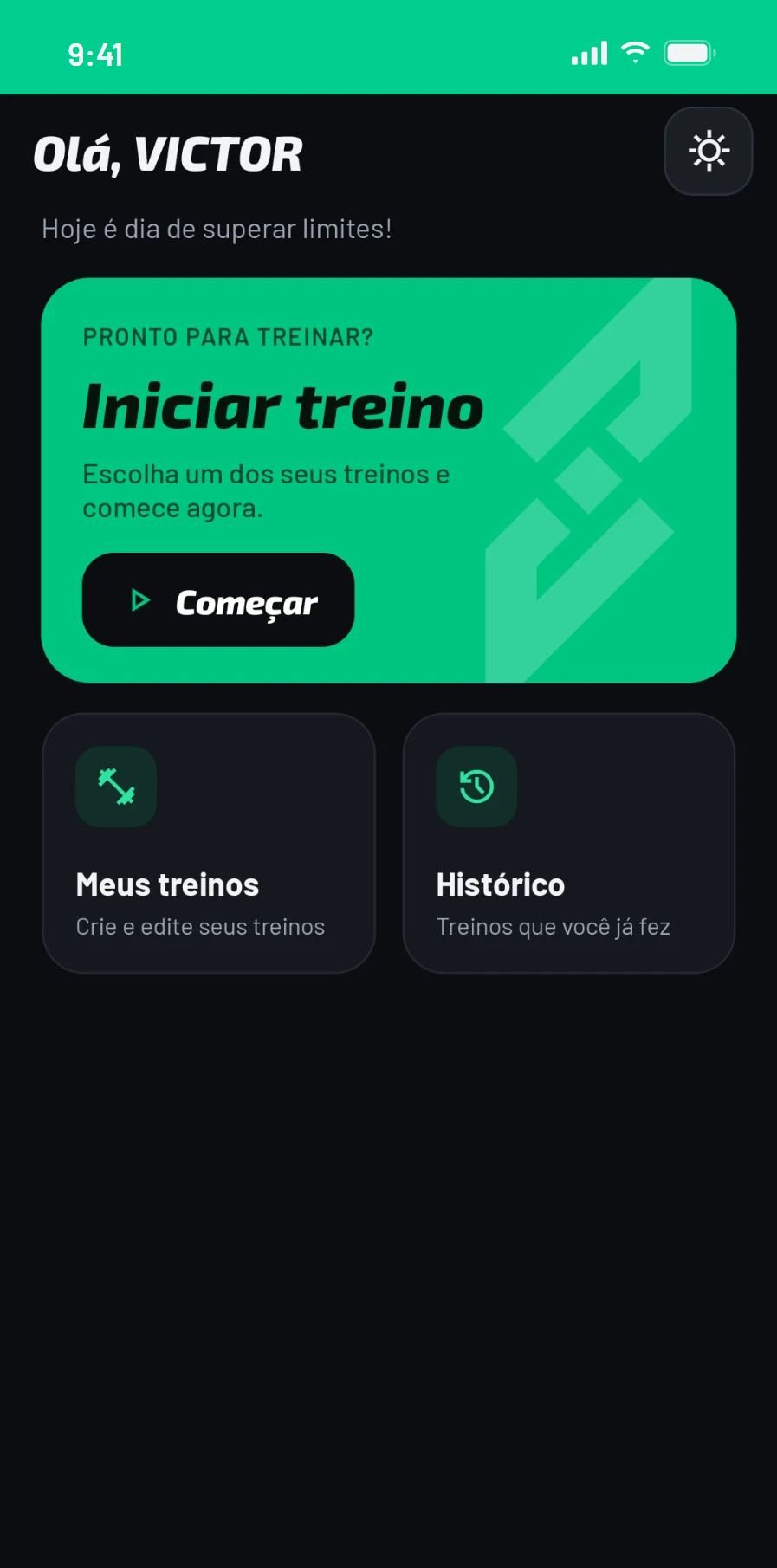 Tela inicial do app com o botão Iniciar treino e os atalhos Meus treinos e Histórico